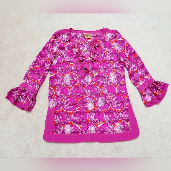 TORY BURCH Woman's Tunic Blouse Geometric Print Silk Blend 3/4 Sleeve Size 8 - Picture 6 of 11